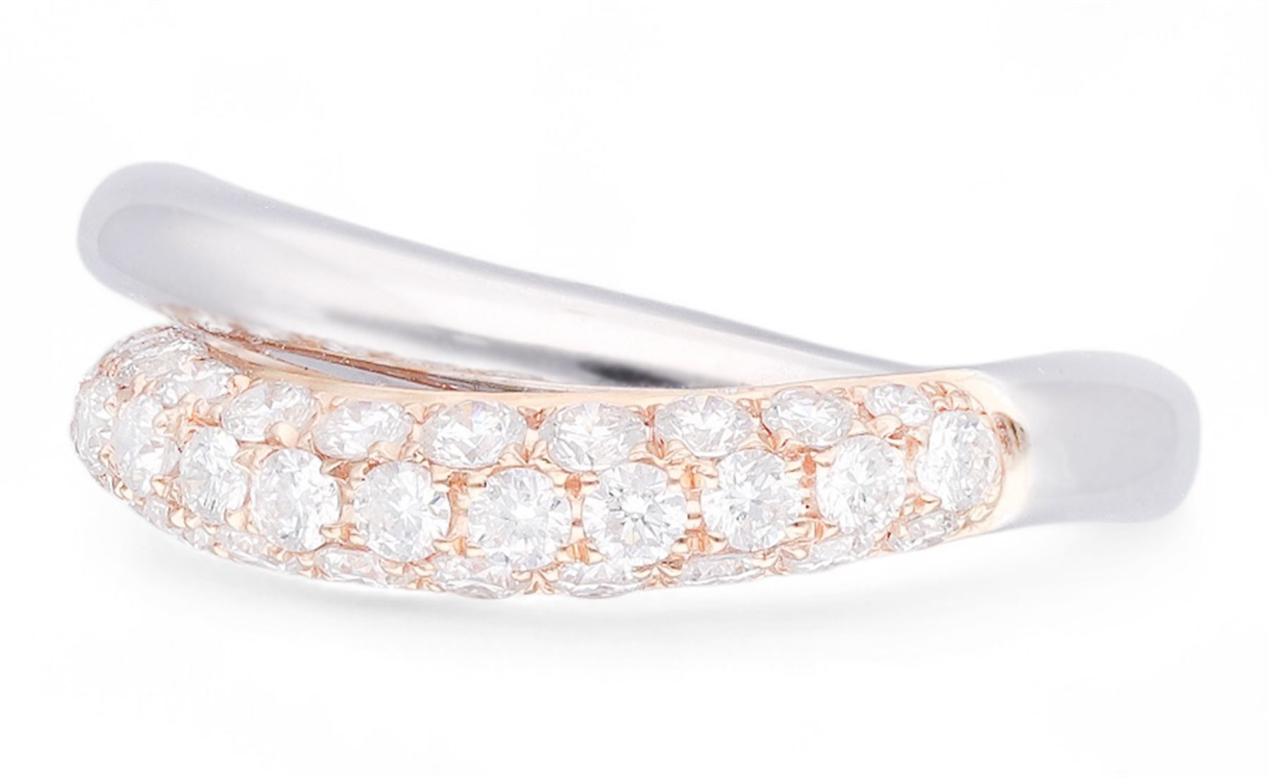 18ct gold diamond ring, two rows of polished white gold and rose gold with pave set diamonds, hallmarked, total diamond weight 1.13 carat