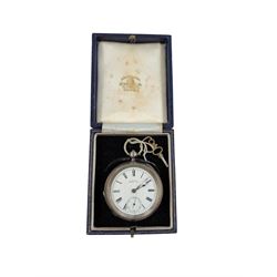 Late Victorian silver A.W.W Co Waltham Mass open face pocket watch, with key, case D6cm, boxed