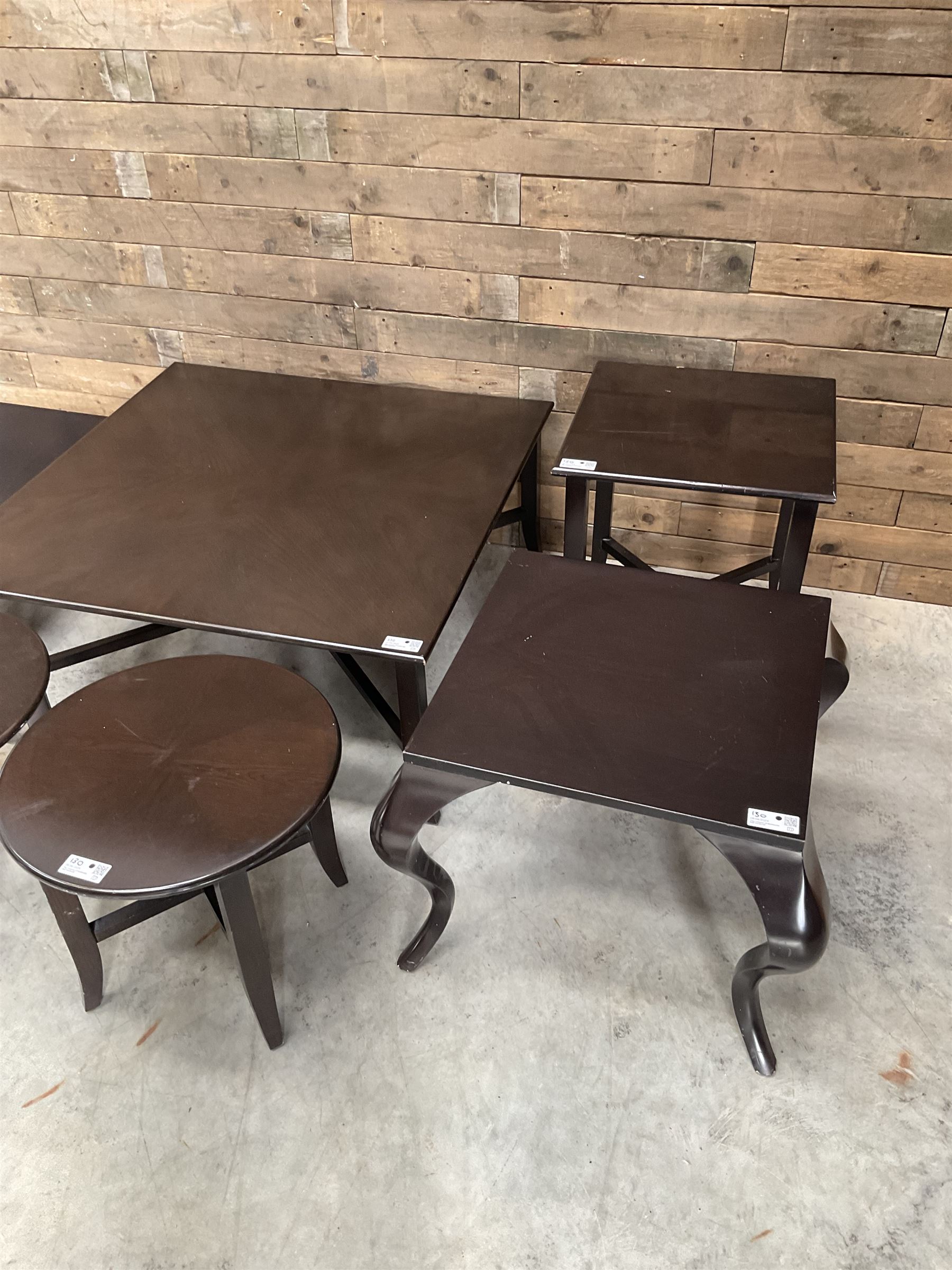 Large square rosewood coffee table, two matching circular tables and lamp table; and a rectangular coffee table and matching lamp table