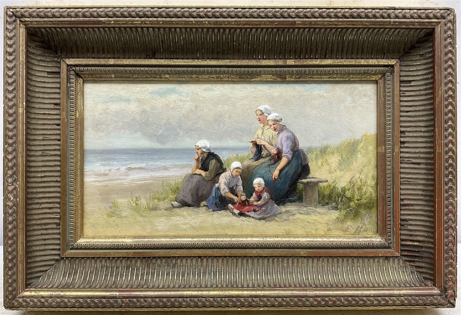 Edith Hume (British 1843-1906): Girls on the Beach, oil on panel signed 14cm x 26cm