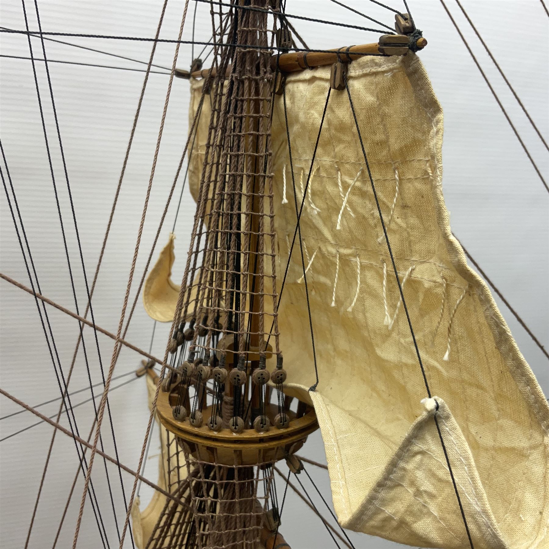 Large kit built scale model of 17th century Royal Navy warship 'HMS Sovereign of the Seas', upon wooden stand with engraved name plaque, H91cm, W111cm