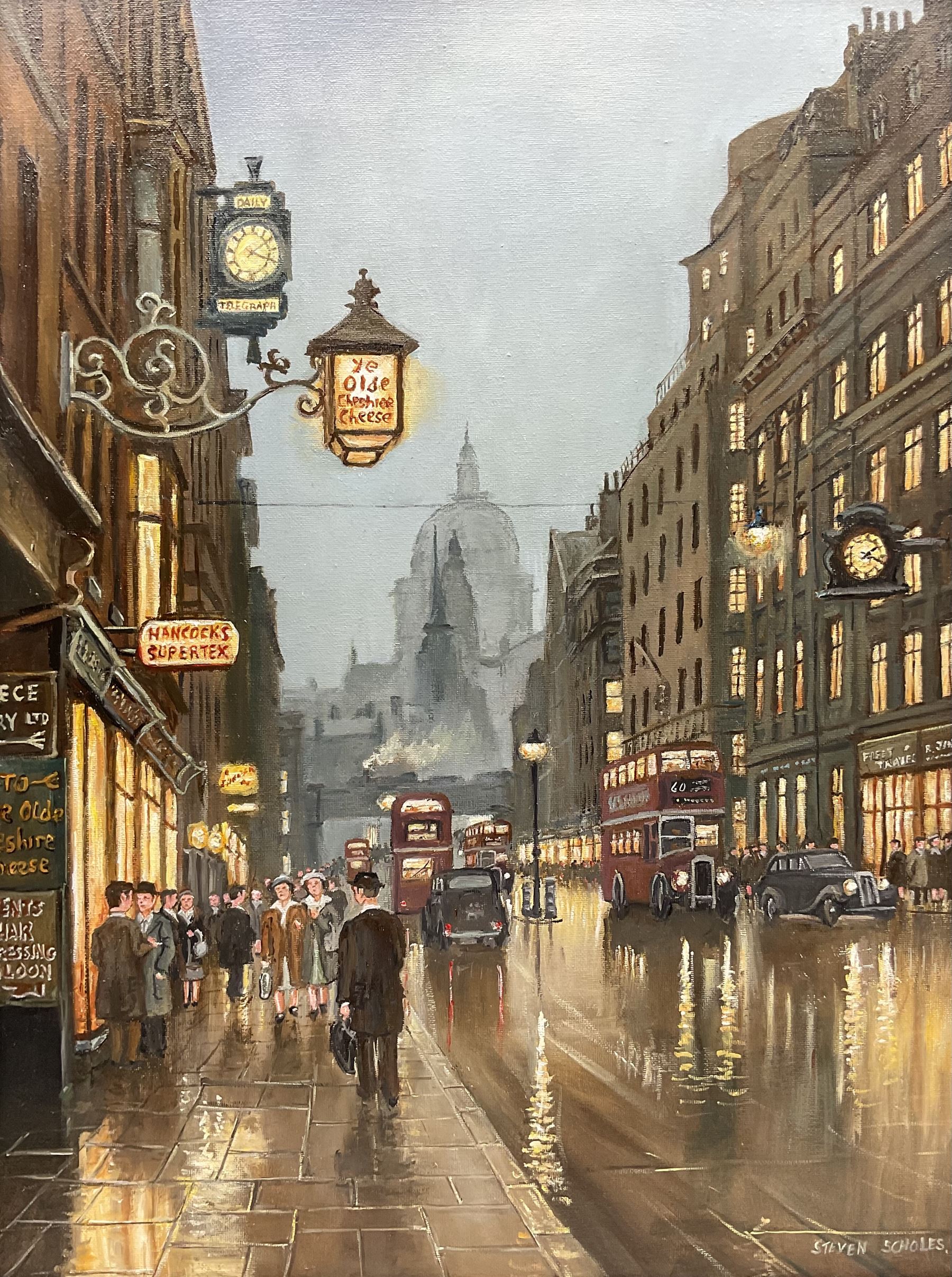 Steven Scholes (Northern British 1952-): Ye Olde Cheshire Cheese - 'Fleet Street London 1958', oil on canvas signed, titled verso 60cm x 45cm