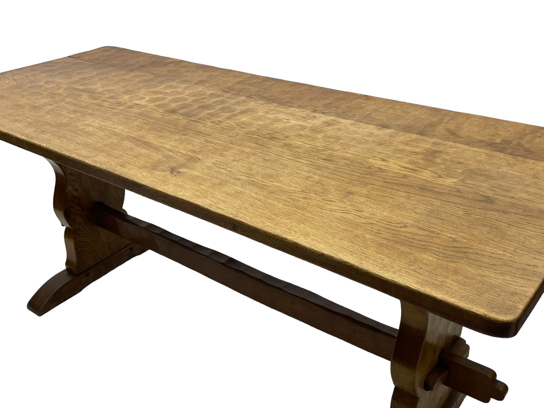 Gnomeman - oak dining table, rectangular adzed top, shaped end supports on sledge feet united by pegged stretcher, by Thomas Whittaker, Littlebeck, Whitby 