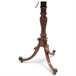 Early 19th century mahogany reading stand, moulded rectangular adjustable top with removable rest, on turned spiral vasiform pedestal with three out splayed supports, applied turned roundels, on brass globular feet