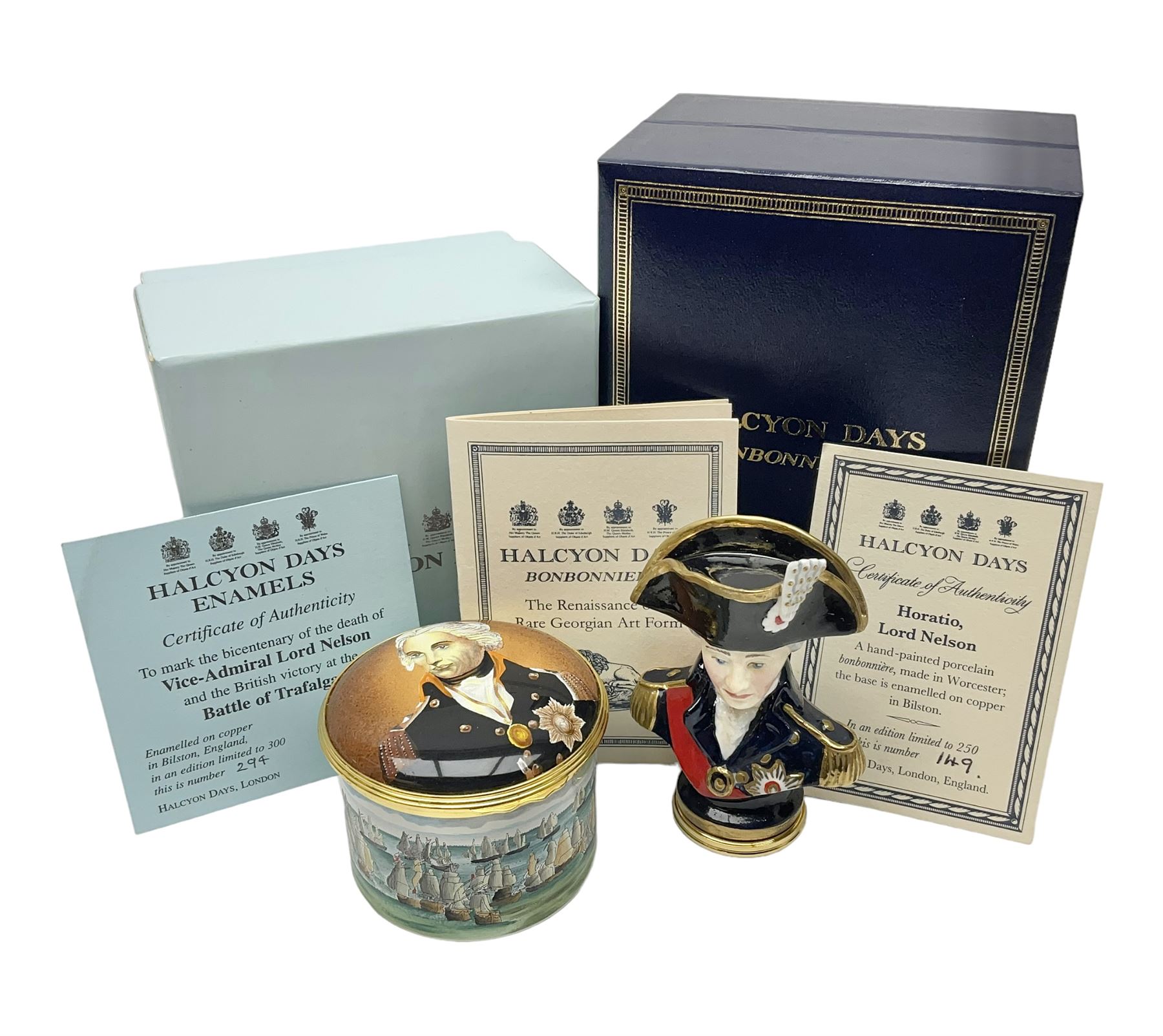 Halcyon Days bonbonniere, modelled as 'Vice-Admiral Lord Nelson', to mark the bicentenary of the British victory at the Battle of Trafalgar, together with another Halcyon Days enamel box depicting Lord Nelson, both boxed 