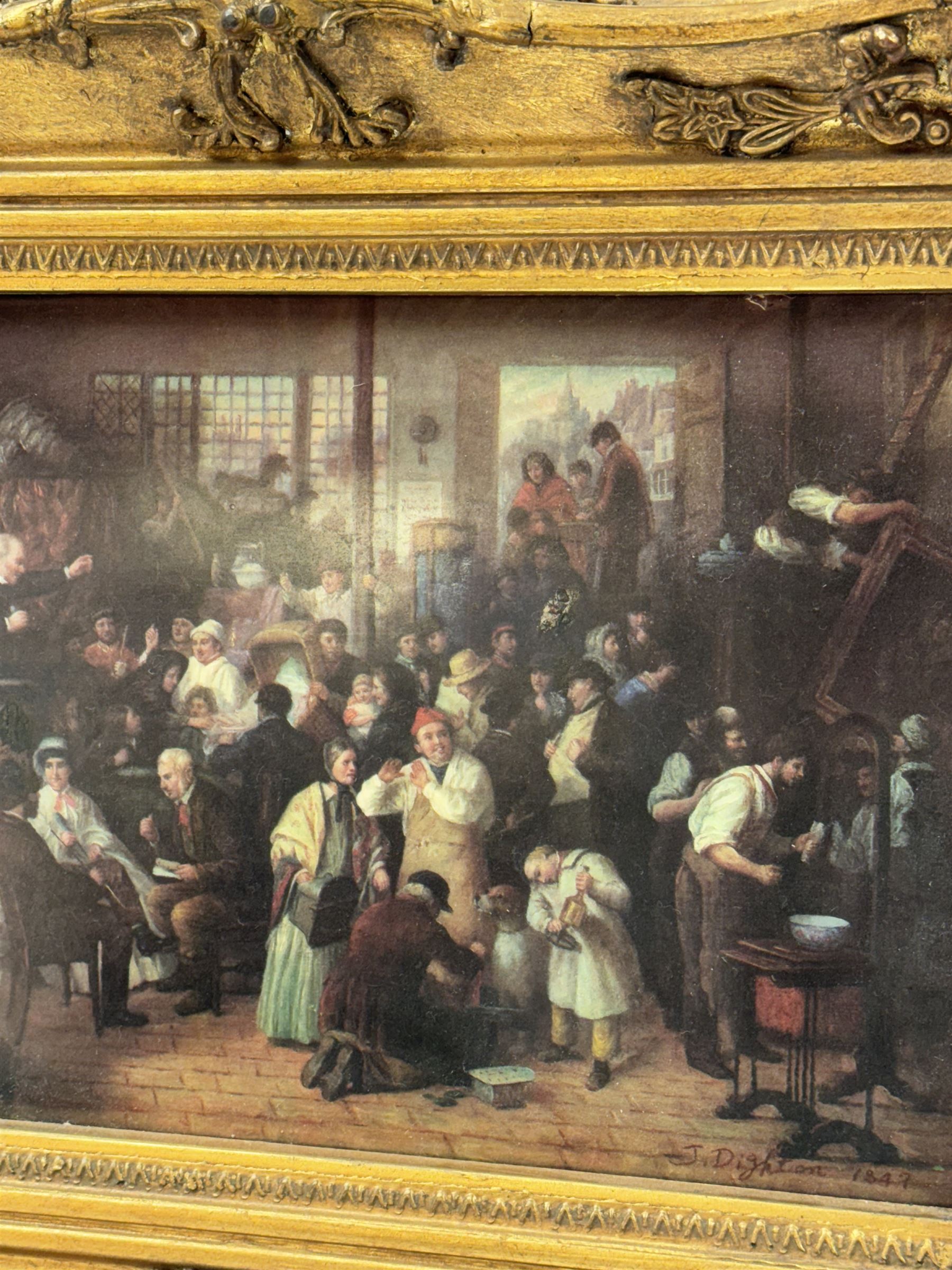 Transfer print on porcelain tile decorated with a market scene, signed lower right and stamped Vienna verso, set in a heavy gilt frame, H41cm, L54cm