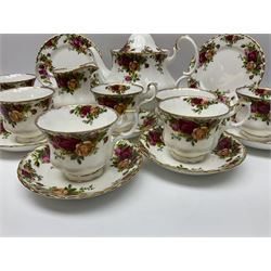 Royal Albert Old Country Roses pattern tea set for six, comprising teapot, milk jug, open sucrier, dessert plates, cups and saucers (21)