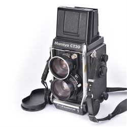 Mamiya C220 Professional F TLR camera, date code JB circa 1980s, serial no. W100501, with twin Mayima-Sekor 1:3.5 f=65mm lens, serial no. 5791660