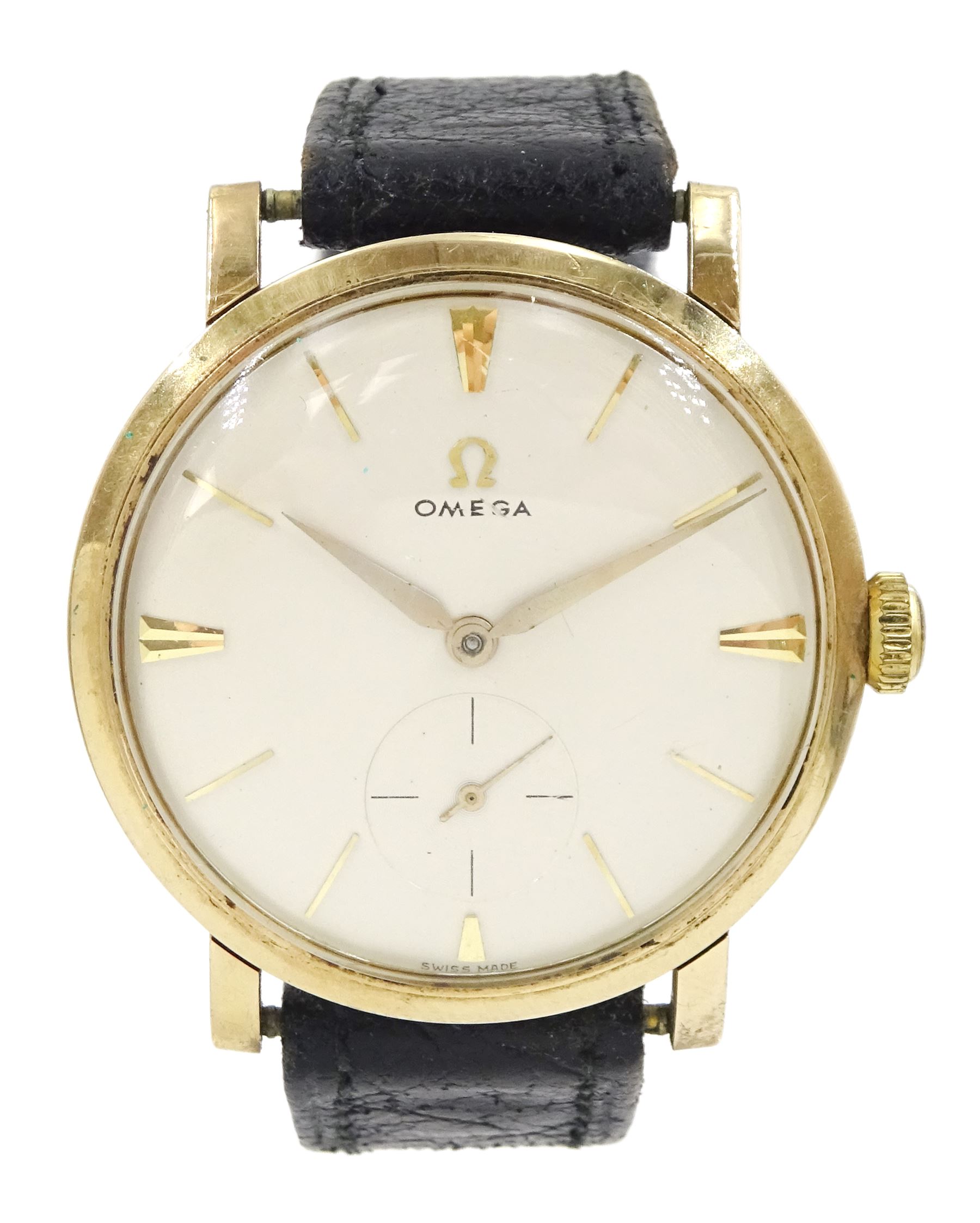 Omega gentleman's 9ct gold manual wind presentation wristwatch, dial with baton hour markers and subsidiary seconds dial,  on black leather strap