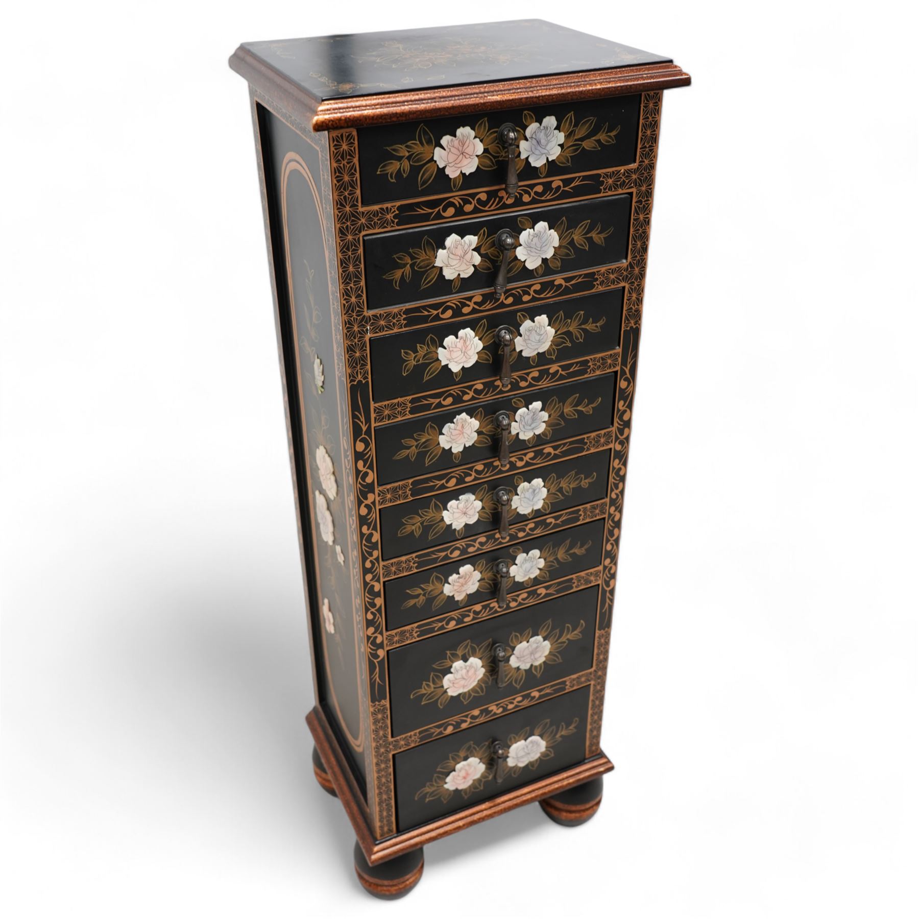 Chinoiserie decorated black lacquered pedestal chest, rectangular moulded top decorated with gilt floral patterns, fitted with eight drawers each with applied rose decoration and extending gilt foliate scrolls, on bun feet