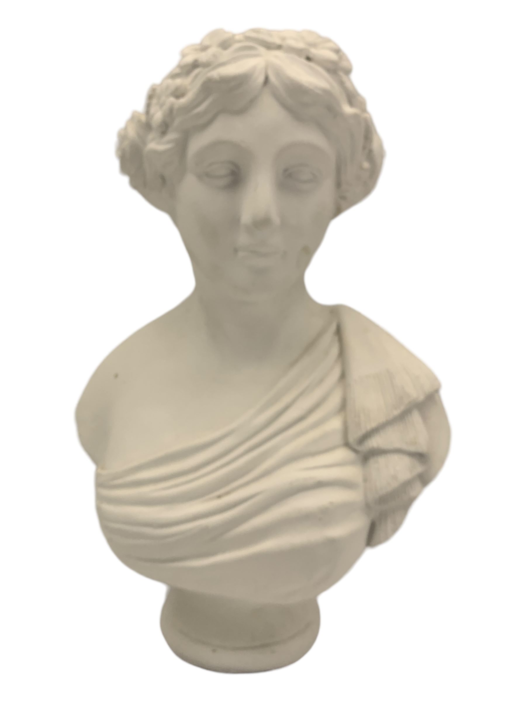 Parian ware model of a female bust on socle plinth, H20cm, resin model of 'Venus', together with other resin and composite classical figures and busts, H42cm max (6)