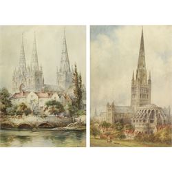 Cyril Hardy AKA Noel Harry Leaver (British 1889-1951): Litchfield Cathedral, watercolour signed; Albert Henry Findley (British 1880-1975): Norwich Cathedral, watercolour signed, in matching frames 38cm x 27cm (2)