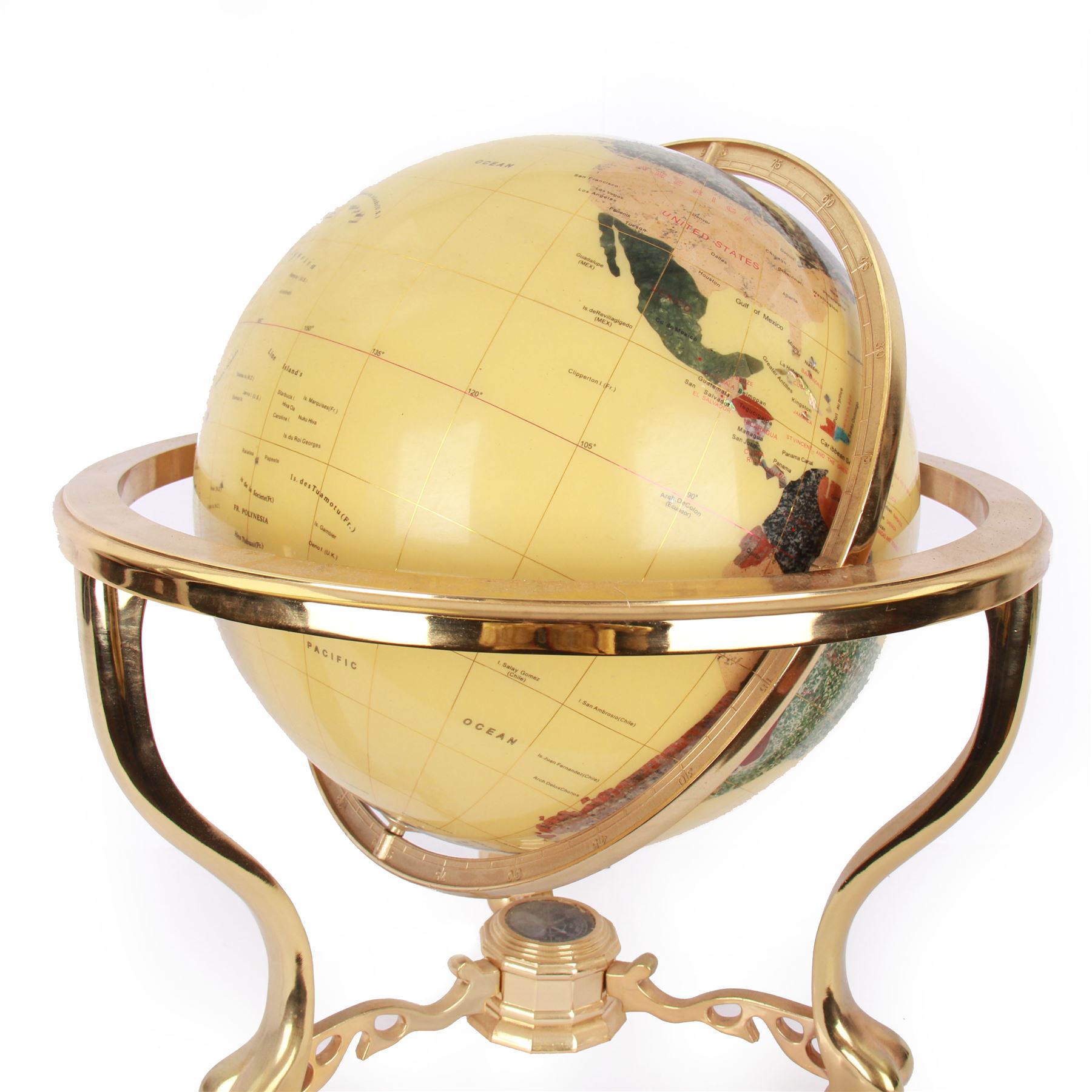 Polished gemstone terrestrial globe on gilt metal stand, H47cm