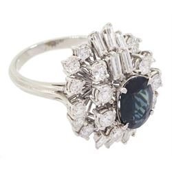 18ct white gold oval cut sapphire, baguette cut and round brilliant cut diamond cluster ring, sapphire approx 1.70 carat, total diamond weight approx 1.90 carat