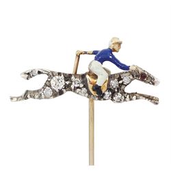 Early 20th century gold and silver, diamond and enamel stick pin, the galloping horse set with single cut diamonds, the jockey with blue and white enamel, in velvet and silk lined box