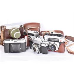 Collection of 35mm rangefinder cameras and similar, to include King Regula L, Balda Baldessa serial no. 370514, Synchro Compur MX V, Kodak Retina Ib serial no. 179811, Kodak 66 Model II and a Zeiss Ikon Contaflex, all with brown cases, with two leather camera bags and accessories