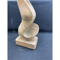 Abstract pink marble sculpture, upon a rectangular base, H63cm