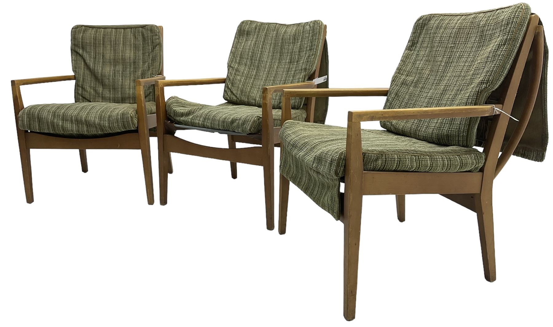 Cintique - set of three beech framed open easy chairs 