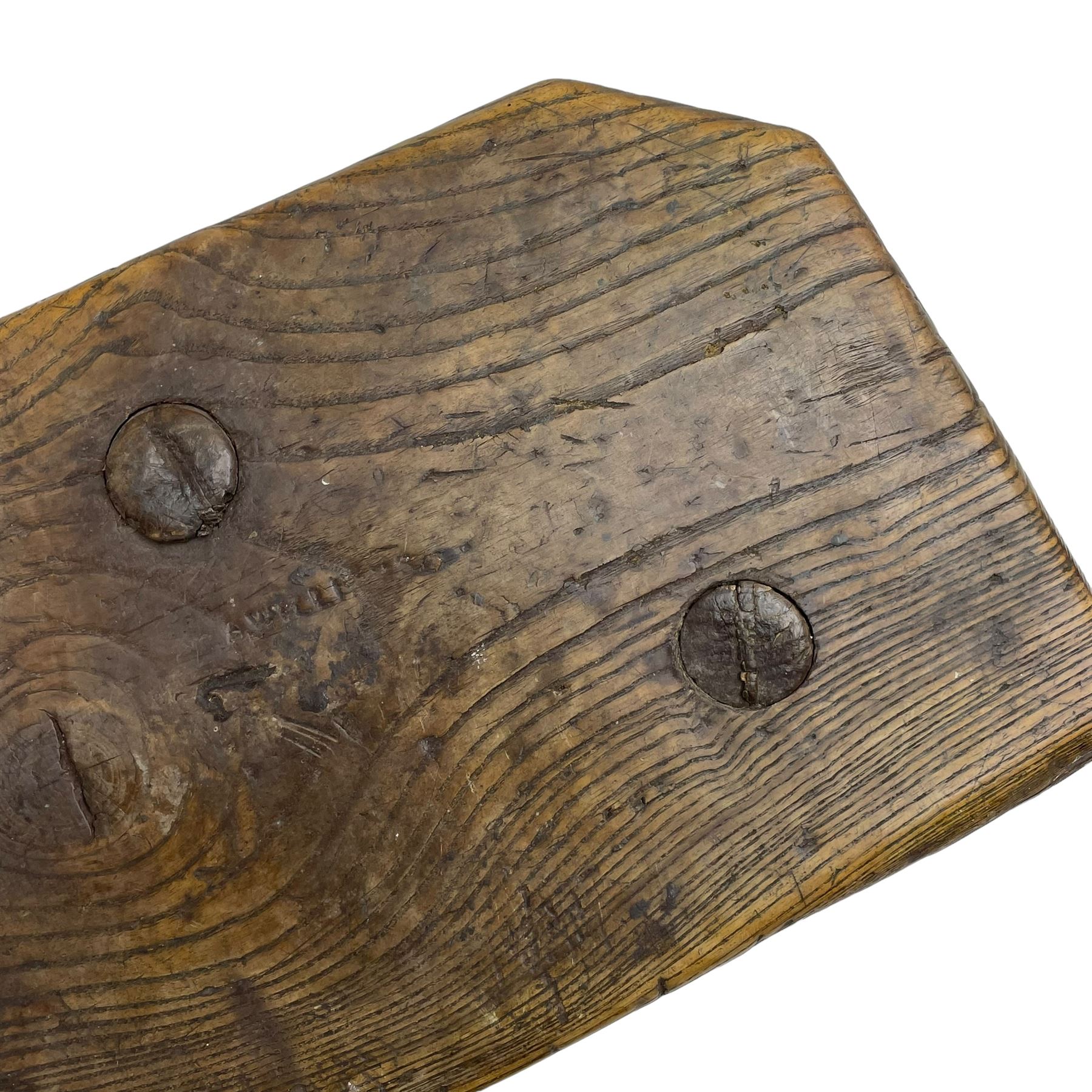 19th century elm cutler's stool, shaped seat on three rib turned supports