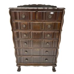 Early 20th century Dutch design mahogany chest, raised back over shaped top, fitted with two short and five long drawers, raised on ball and claw feet