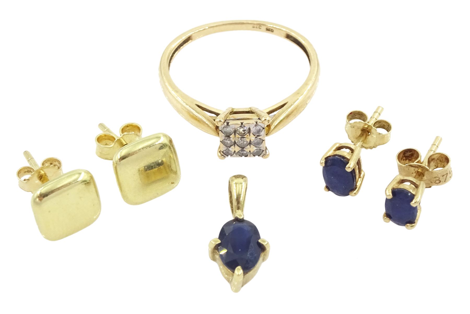 Pair of gold oval cut sapphire stud earrings, similar pendant, diamond set square cluster ring, total diamond weight 0.15 carat and a pair of stud earrings, all 9ct