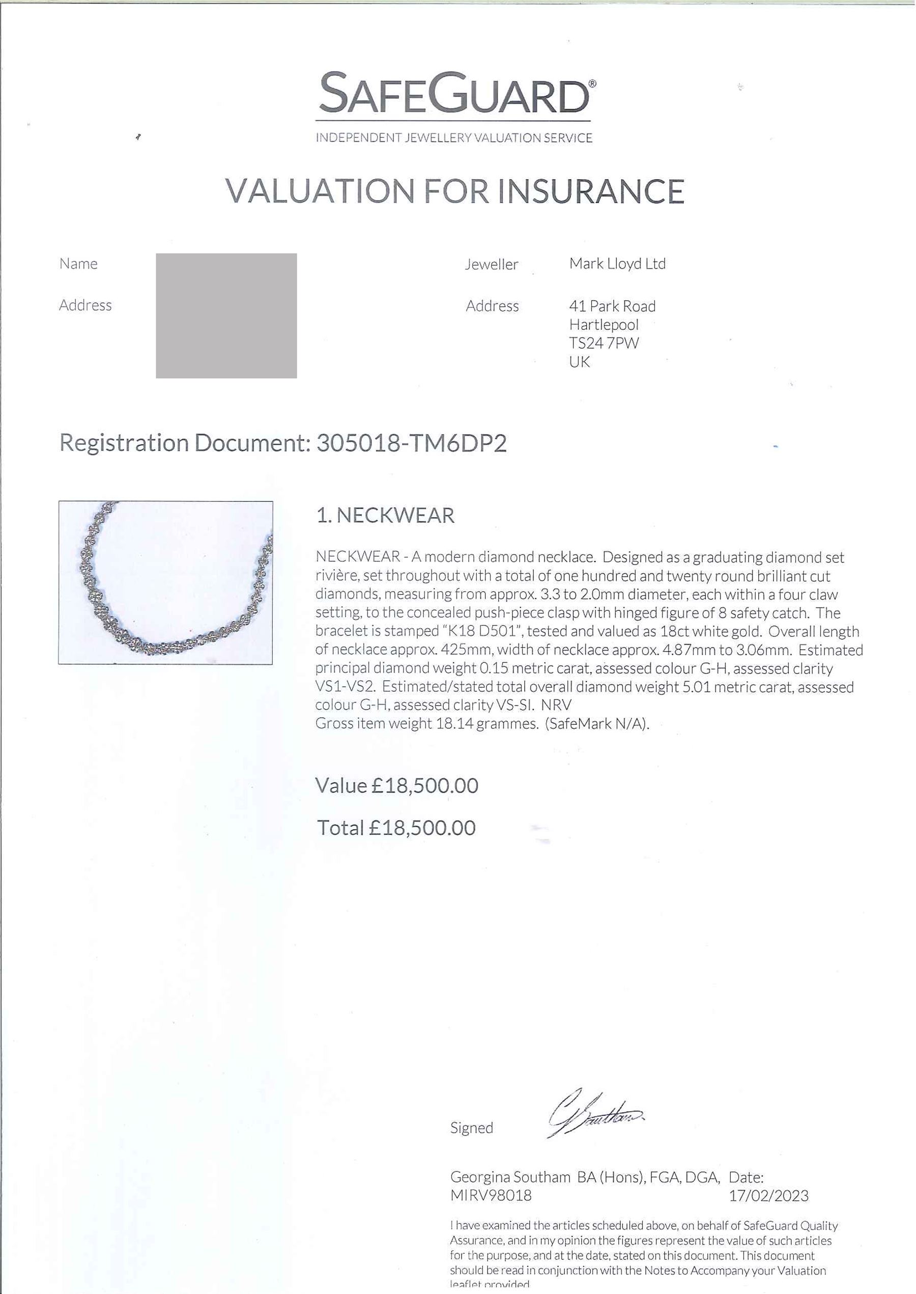 18ct white gold diamond riviere necklace, one hundred and twenty brilliant cut diamonds of 5.01 carat, stamped K18, with insurance document dated 2023