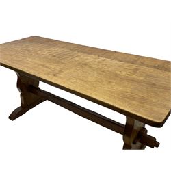 Gnomeman - oak dining table, rectangular adzed top, shaped end supports on sledge feet united by pegged stretcher, by Thomas Whittaker, Littlebeck, Whitby 