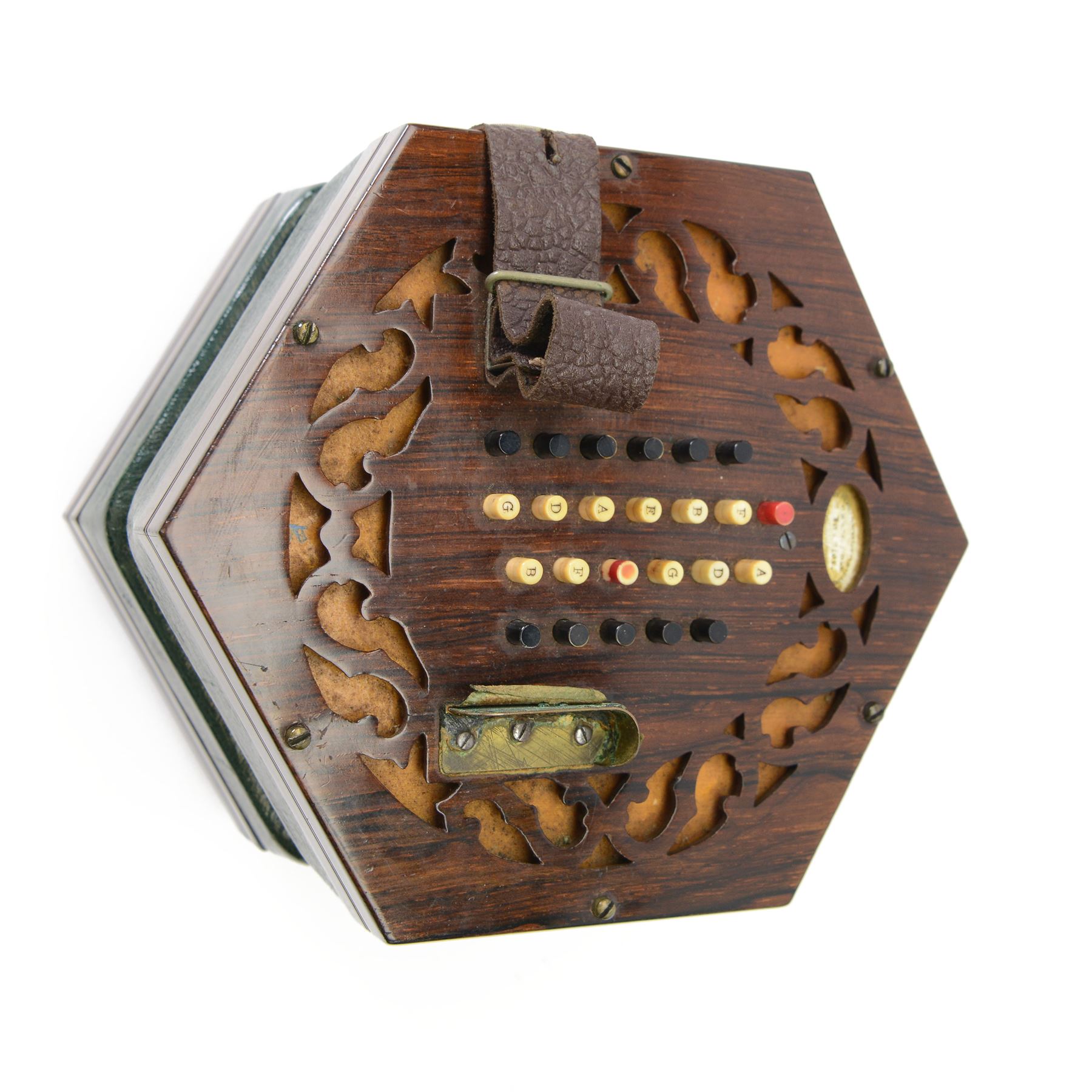 Wheatstone Concertina - in a hexagon velvet lined Rosewood case, with hexagonal fretted rosewood ends, four fold bellows 48 buttons and leather finger straps, oval plaque with makers name 