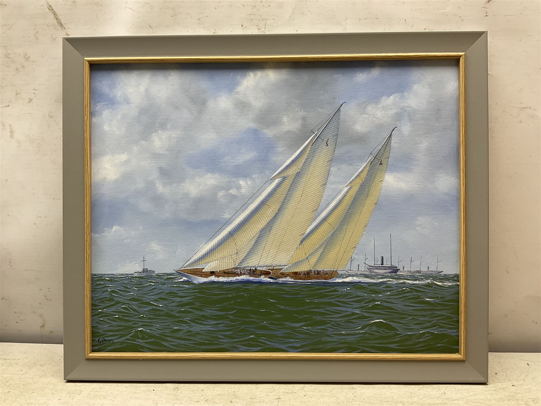 George Drury (British 1950-): 'Rainbow Heading Towards Victory - America's Cup 1934', oil on canvas board signed, titled verso 39cm x 49cm 