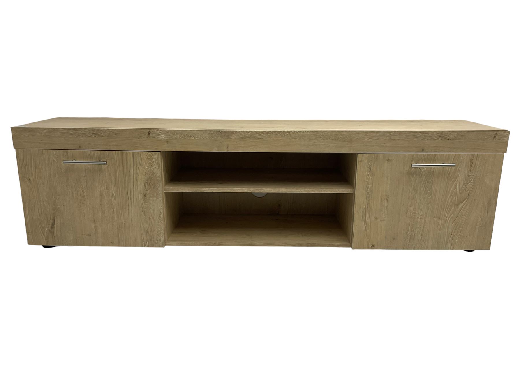 Light oak finish television stand, fitted with two cupboards and central shelf