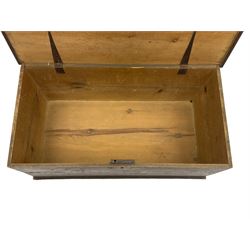 19th century pine blanket box, hinged lid, applied lower moulding