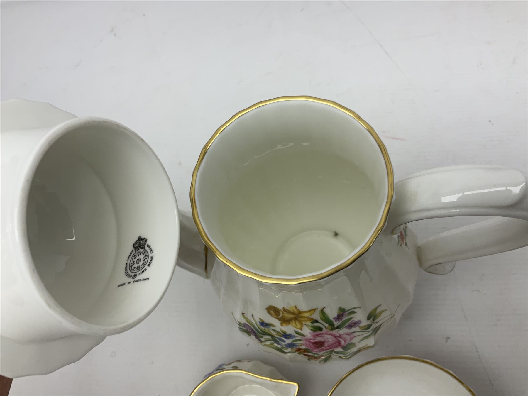 Royal Worcester Roanoke pattern coffee service, including coffee pot, coffee cans and saucers, milk and sugar bowl, together with Coalport Junetime pattern teacups and saucers