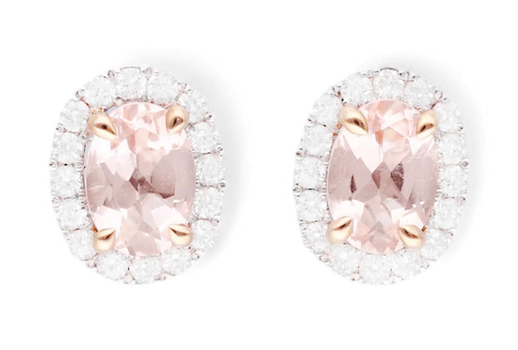 Pair of 18ct white and rose gold, oval cut morganite and round brilliant cut diamond halo cluster stud earrings, hallmarked, total morganite weight approx 1.40 carat, total diamond weight approx 0.40 carat