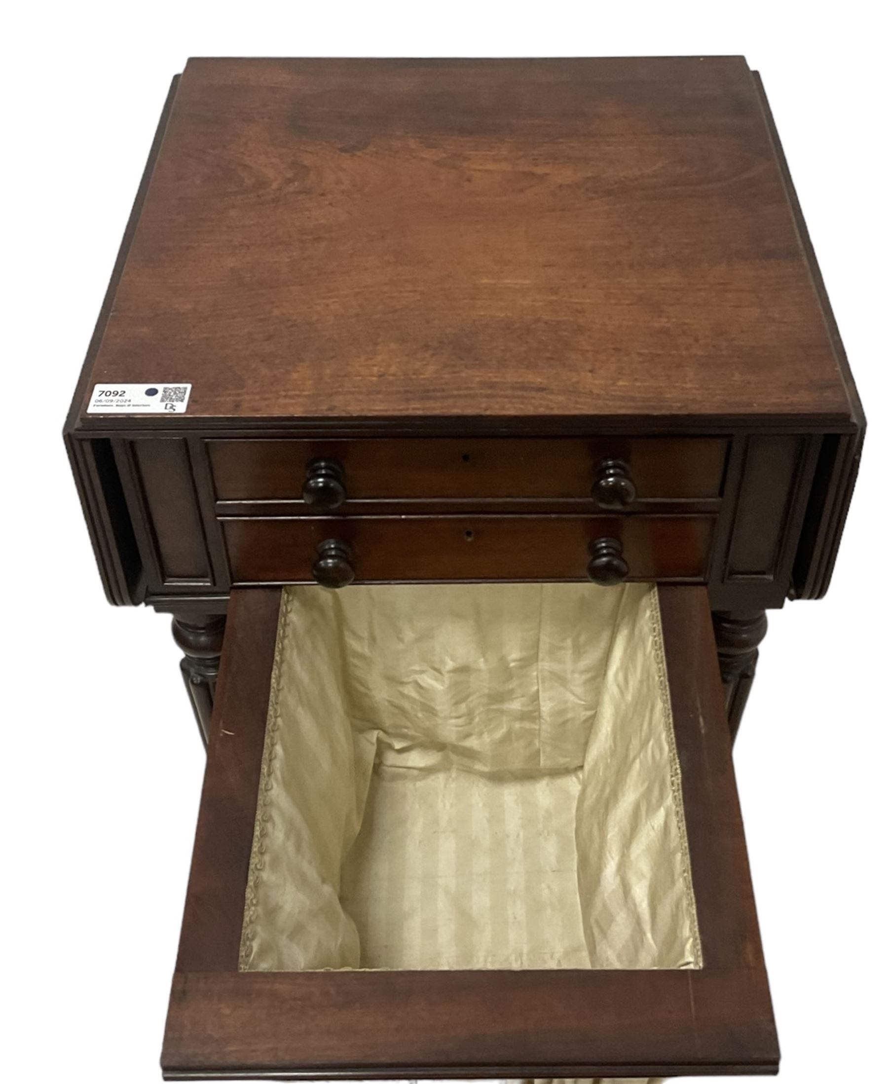 19th century mahogany drop-leaf work table, rectangular top with rounded corners, fitted with two cock-beaded drawers over pleated silk storage well, with matching opposing faux drawers, on turned and lobe moulded supports on castors