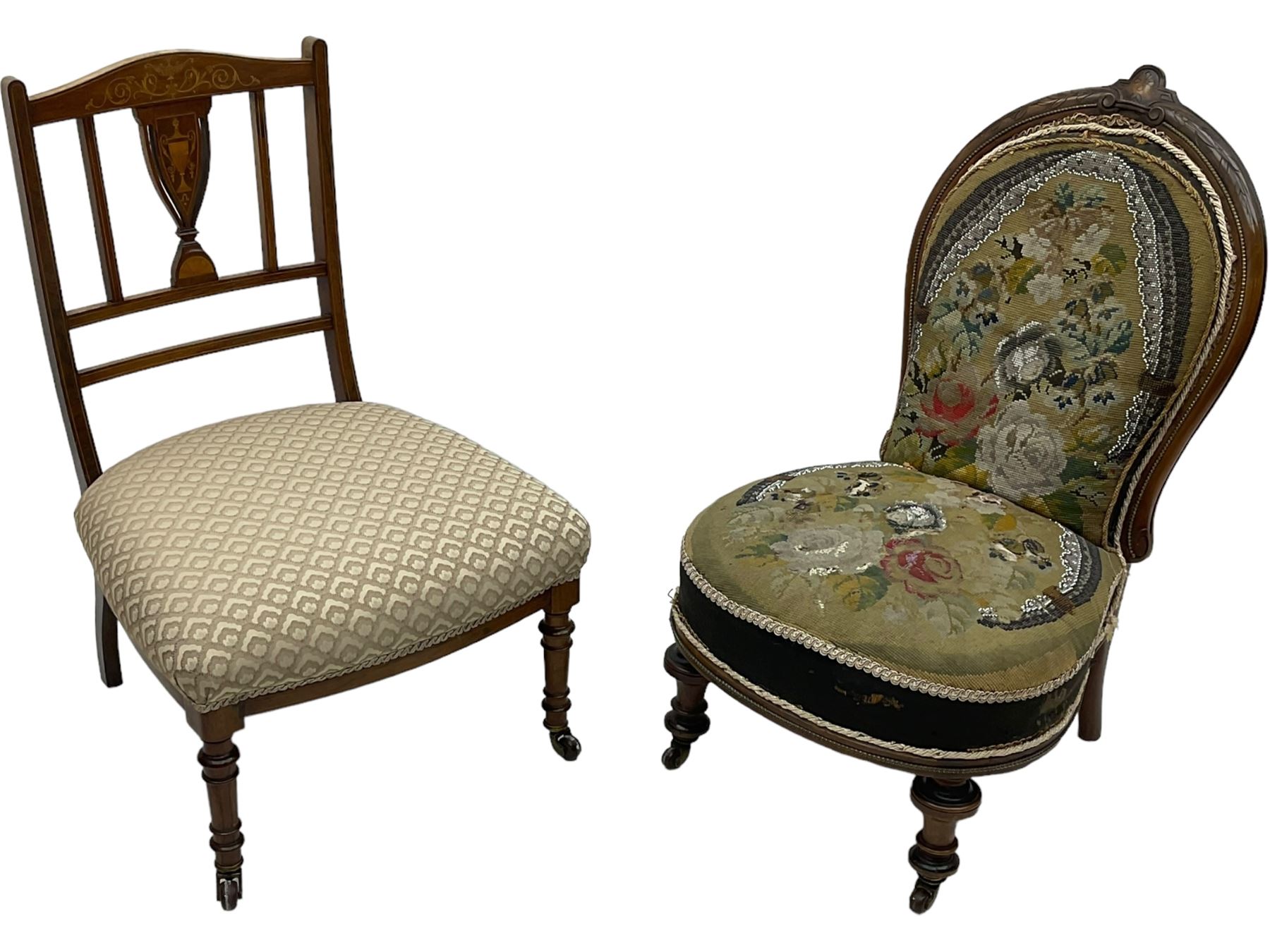 Early 20th century mahogany side chair, detailed marquetry frame, backrest with central urn motif and scrollwork inlay, arched crest rail with floral designs, cream and gold patterned fabric seat, turned front legs with brass castors (H78cm); Victorian walnut nursing chair, carved crest rail, floral needlepoint tapestry upholstery, turned front legs with ceramic castors (H81cm)