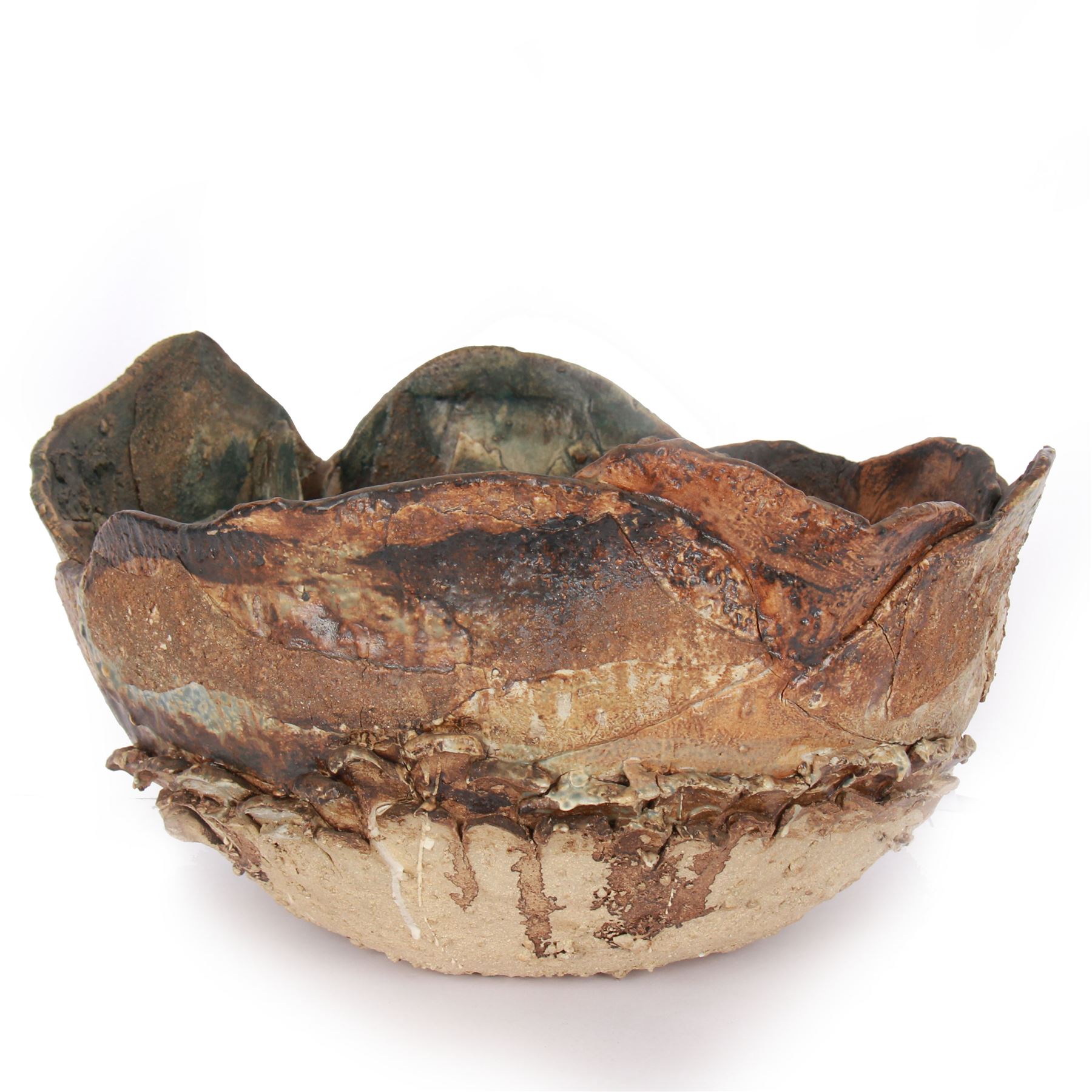 Peter Hough (British Contemporary): slab built stoneware sculptural bowl, of abstract floral design with applied and incised decoration throughout, H21cm, D37cm