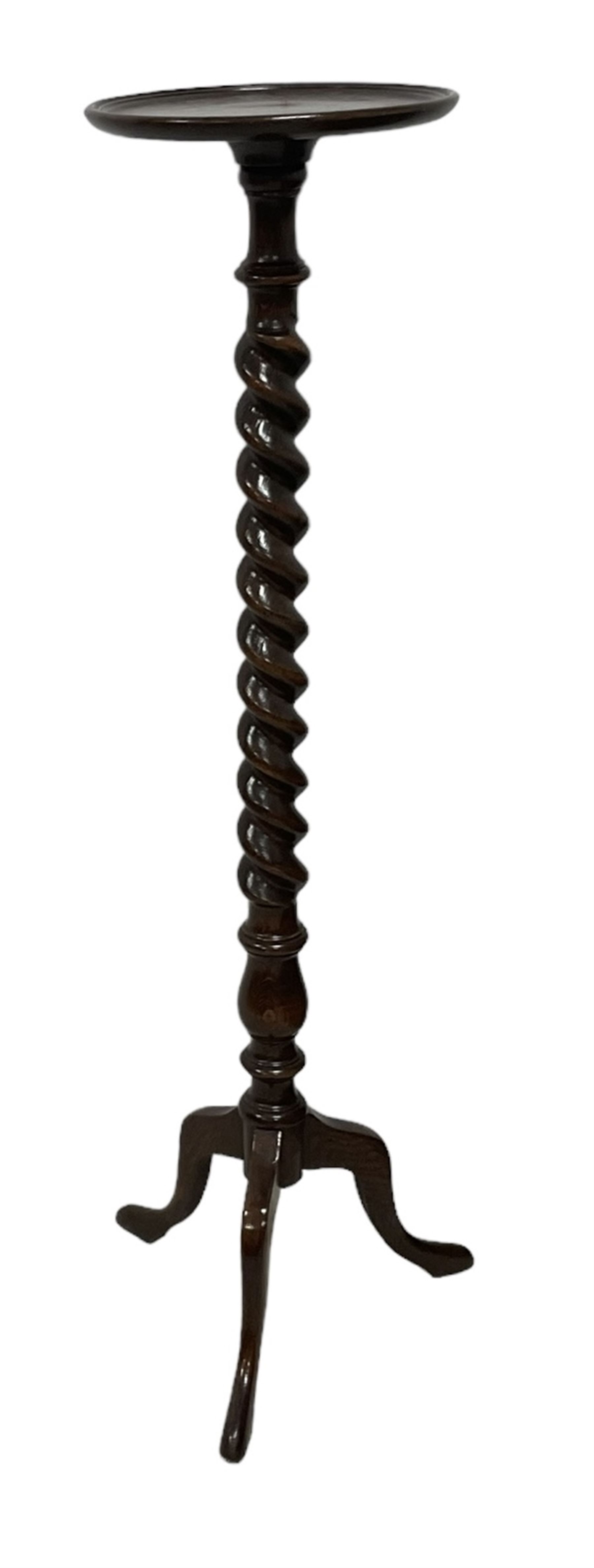 Edwardian oak spiral turned torchere stand, circular dished top, on tripod base (W31cm H125cm); Edwardian oak hallstand, fitted with single drawer, four sectional umbrella or stick stand over drip tray, with associated brush (W60cm H76cm) 