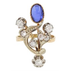 Russian early 20th century 14ct rose and white gold, oval cabochon cut synthetic sapphire and old cut diamond flower design ring, stamped 585 with Soviet star, total diamond weight approx 0.60 carat