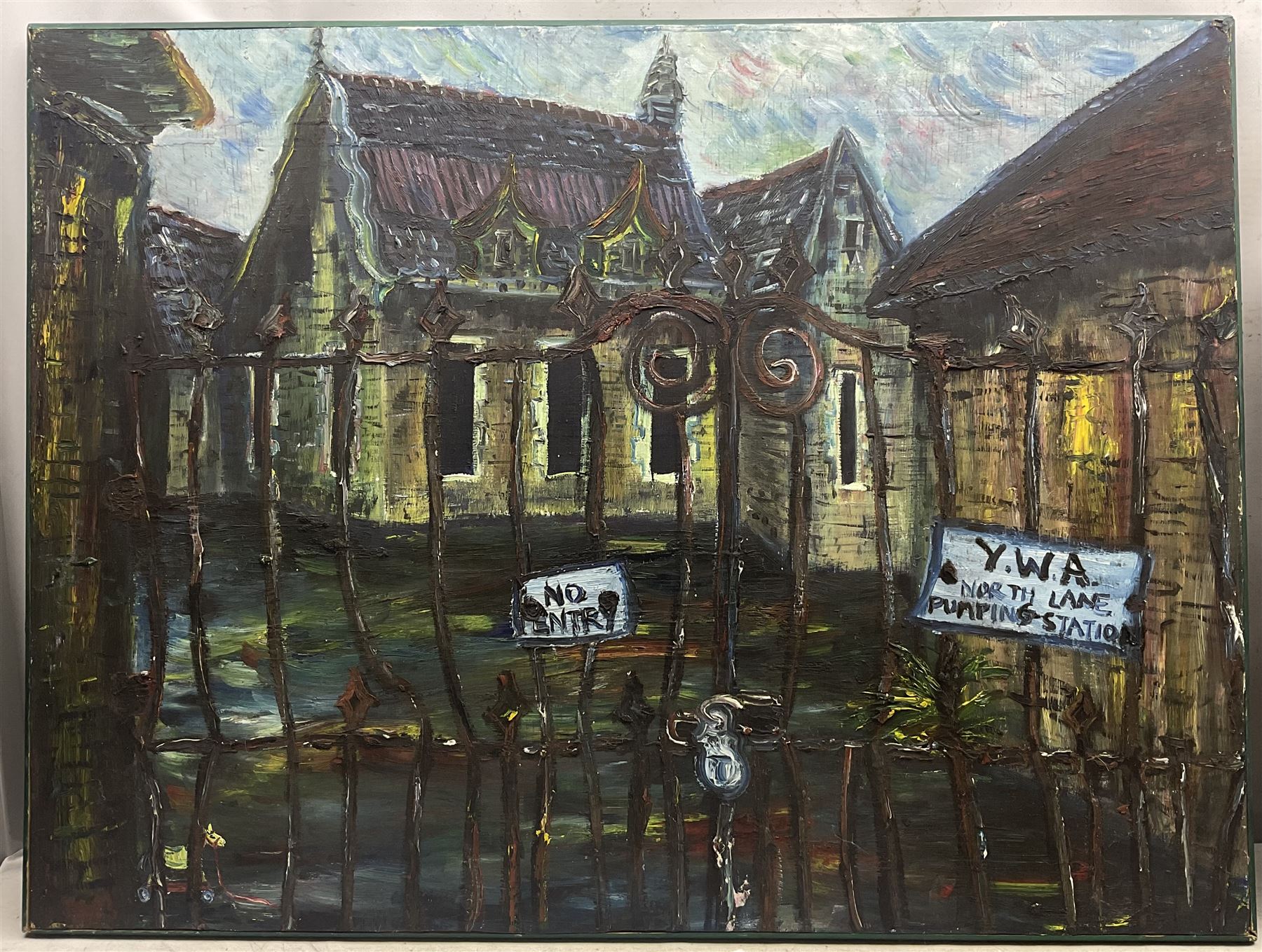 Jane Sand (British 20th Century): 'The Old Pumping Station - North Lane, Leeds', oil on panel unsigned, titled and dated 1993 verso; English School (Mid 20th Century): Farmhouses, oil on board indistinctly signed max 69cm x 91cm (2)