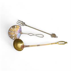 Metalware to include two Victorian copper kettles, warming pan, copper and brass ladel etc. 