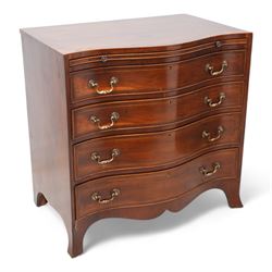 Georgian design yew wood serpentine chest, crossbanded top over brushing slide and four graduating cock-beaded drawers, brass swan neck handles and circular plates, shaped apron with splayed bracket feet 