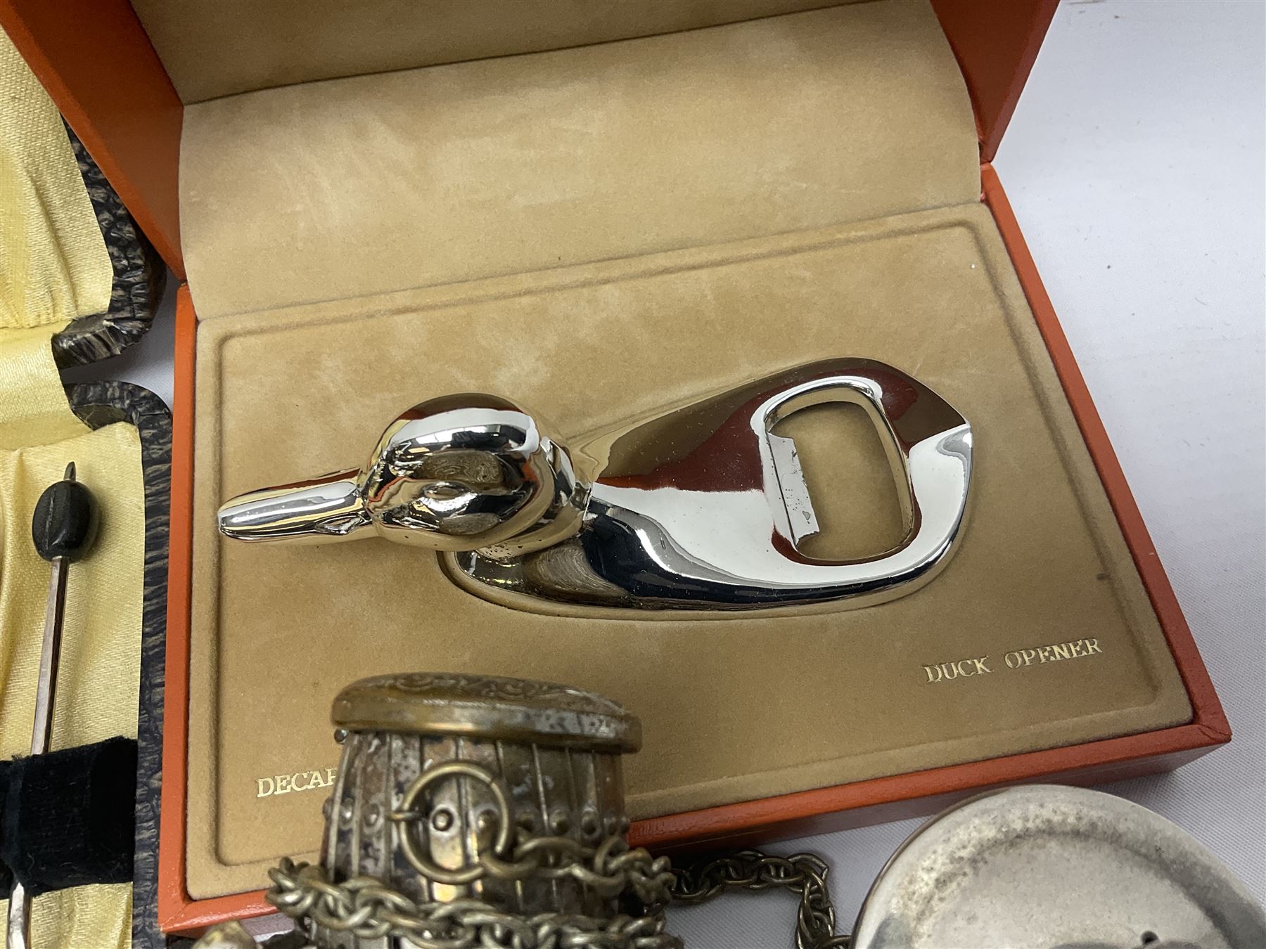 Saint Hilaire duck bottle opener, five silver plated knives/forks with silver ferrules, copper trinket box, silver plated concertina beaded bag and other collectables