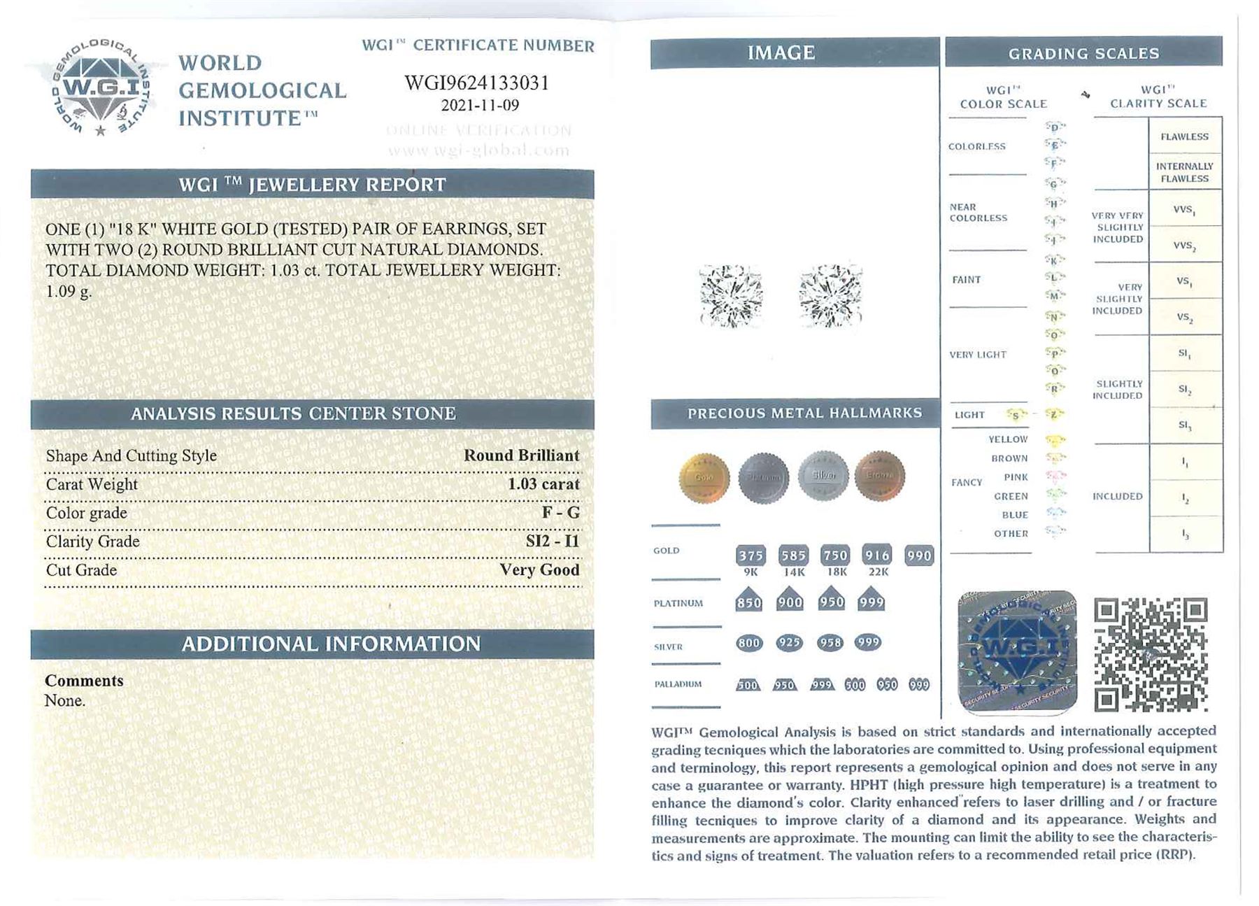 Pair of 18ct white gold round brilliant cut diamond stud earrings, stamped, total diamond weight 1.03 carat, with World Gemological Institute report