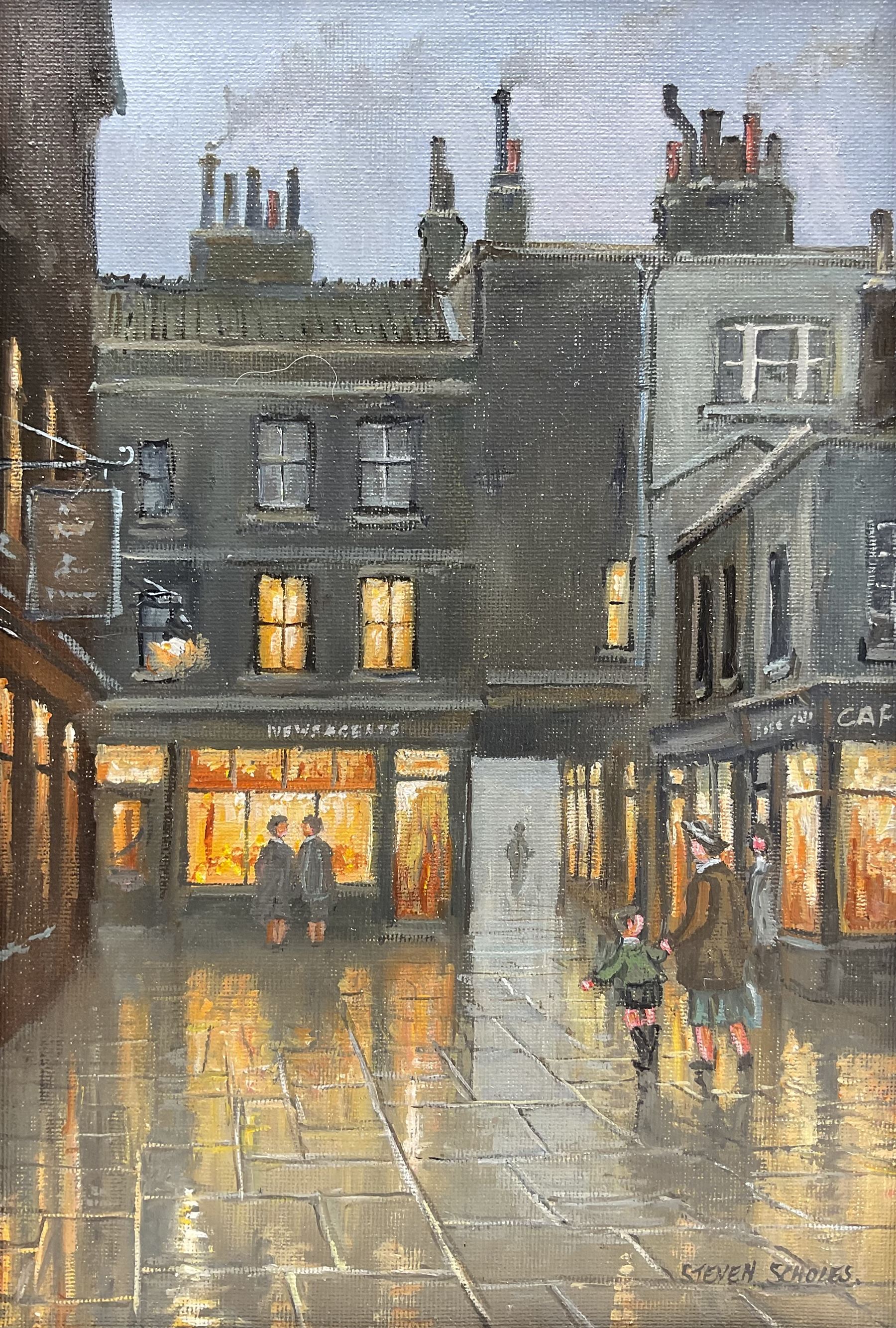 Steven Scholes (Northern British 1952-): 'Shephard Market - Mayfair London 1938', oil on canvas signed, titled verso 29cm x 19cm