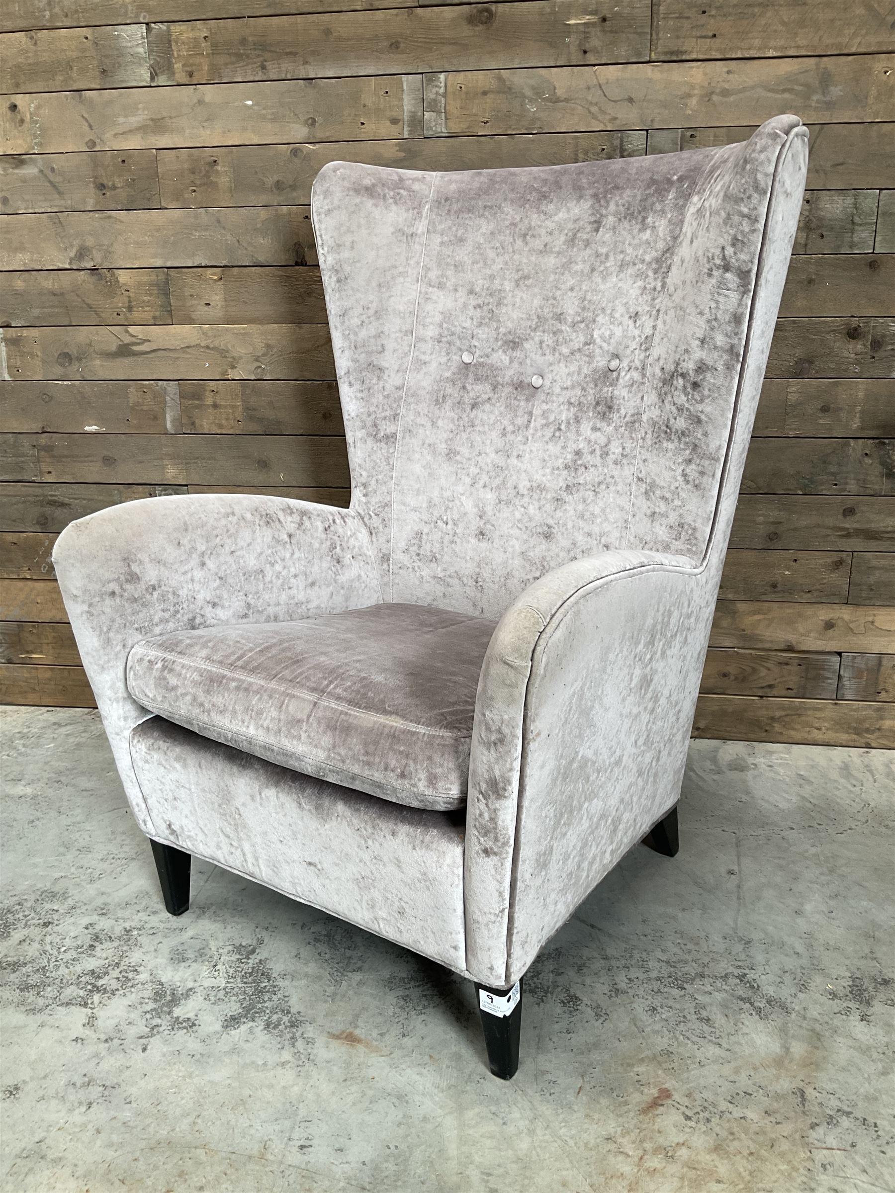 2 x Wing back armchair upholstered in silver crushed velvet fabric