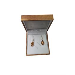 Pair of silver Baltic amber pendant earrings, boxed 