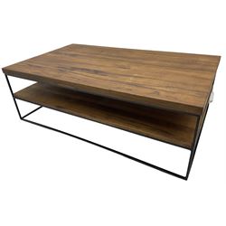 Samba oak coffee table, rectangular top over undertier storage, applied mid-tone finish, supported by black metal frame