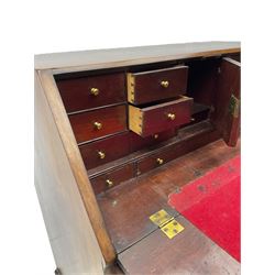 George III mahogany bureau, the fall front enclosing fitted interior, three graduating long drawers, on bracket feet