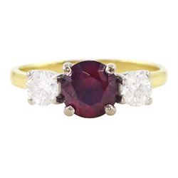 18ct gold three stone round brilliant cut diamond and ruby ring, hallmarked, ruby approx 1...