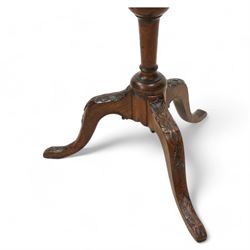 18th century mahogany tripod kettle stand or wine table, moulded and shaped pie crust top, on tapering column with bulbous and ring turning, on foliate cartouche carved splayed supports with foliage carved terminals 